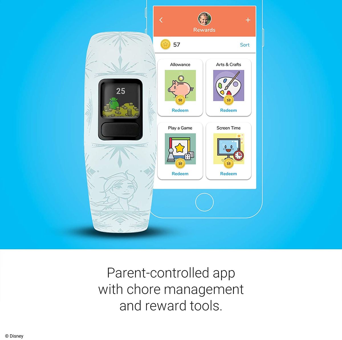 Vivofit Jr. 2, Kids Fitness/Activity Tracker, 1-Year Battery Life, Adjustable Band, Disney Frozen 2, Elsa, Light Blue