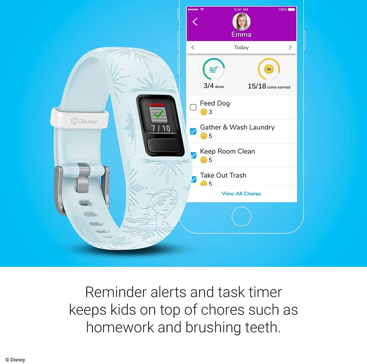Vivofit Jr. 2, Kids Fitness/Activity Tracker, 1-Year Battery Life, Adjustable Band, Disney Frozen 2, Elsa, Light Blue