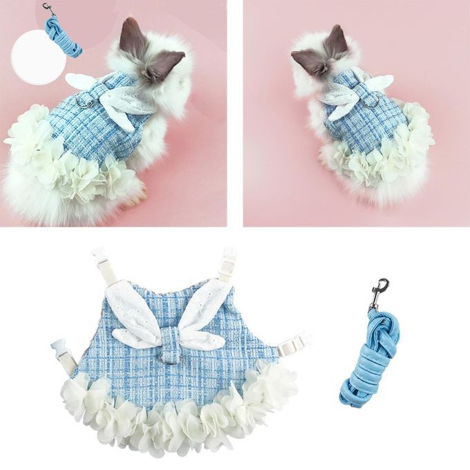 Rabbit Vest Harness Leash Set Bunny Clothes For Hedgehog Blue M