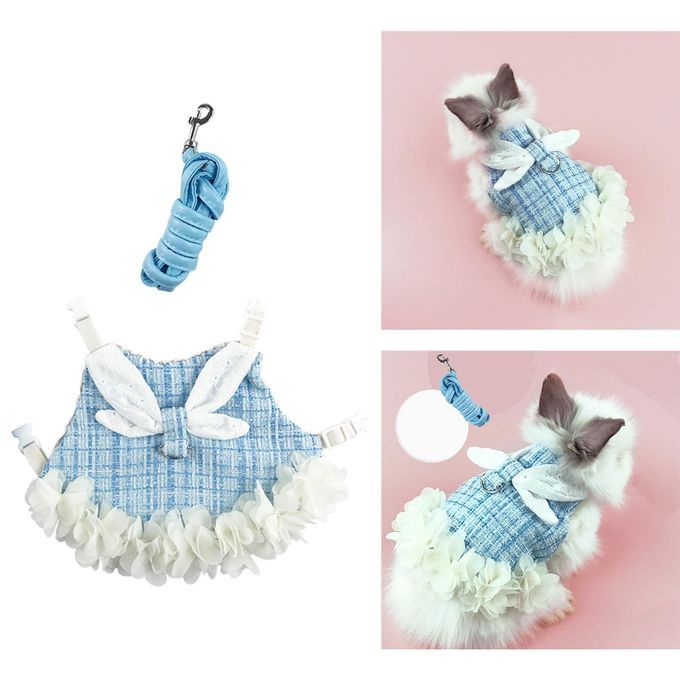 Rabbit Vest Harness Leash Set Bunny Clothes For Hedgehog Blue M