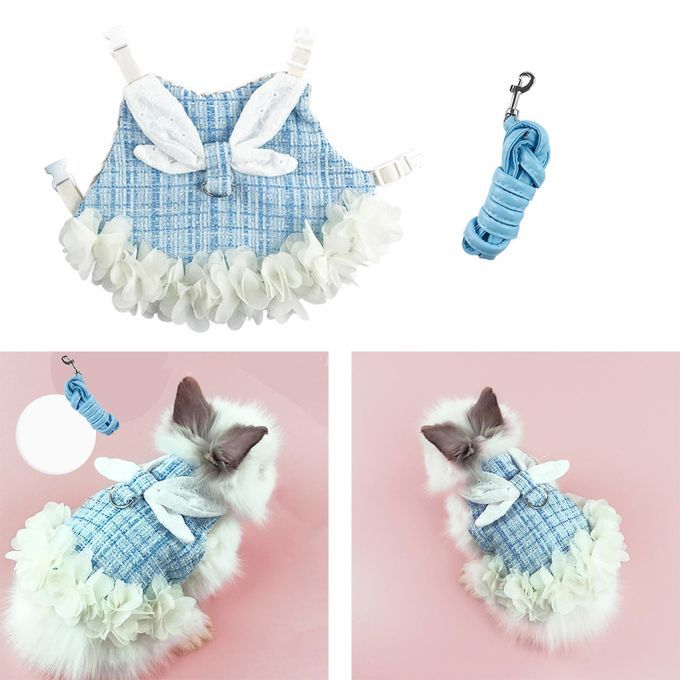 Rabbit Vest Harness Leash Set Bunny Clothes For Hedgehog Blue M