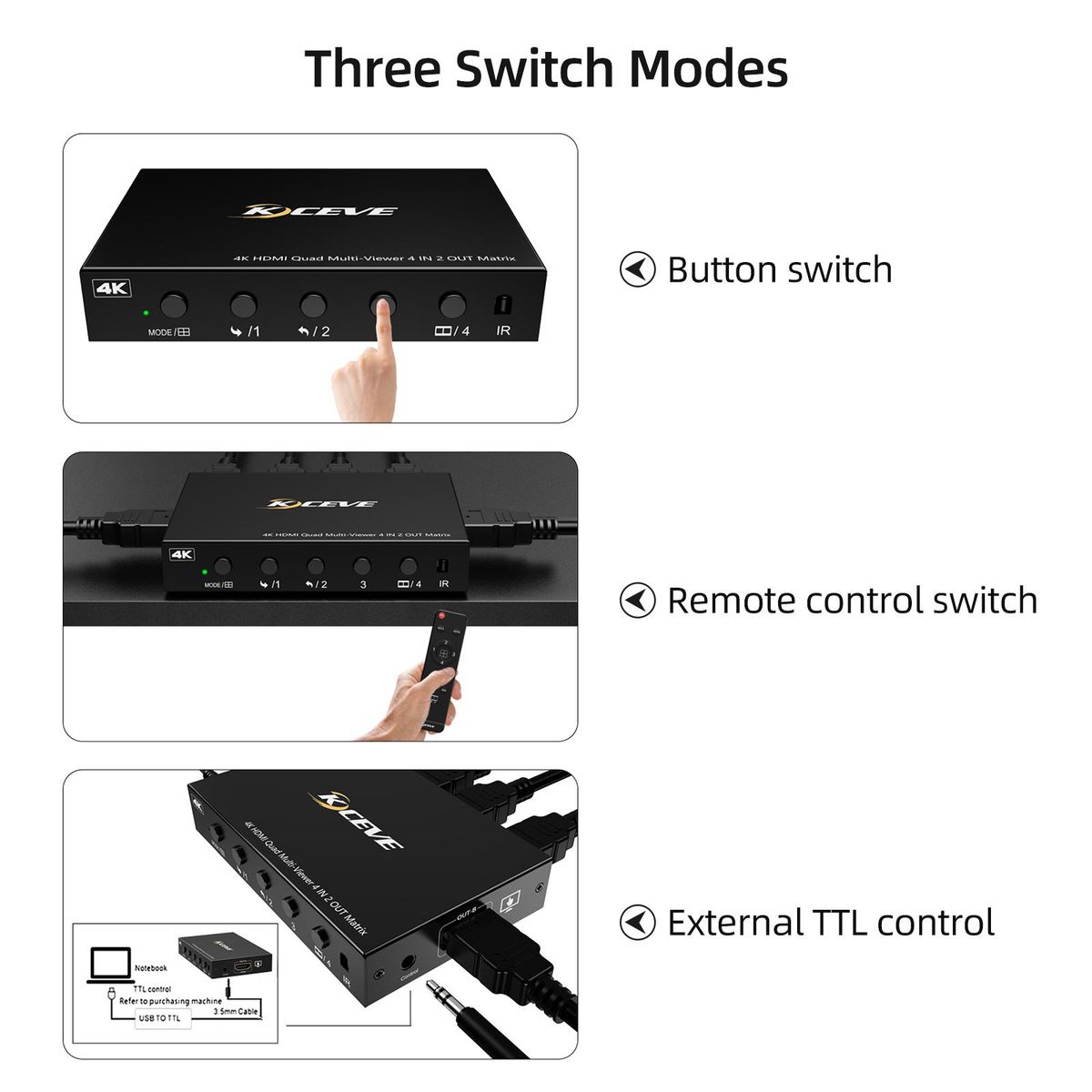 KCEVE KC-8402 HD 4 in 2 out Splitter 4-channel Screen Splitter Maximum Support 4K@30Hz Resolution  Metal Shell US Plug