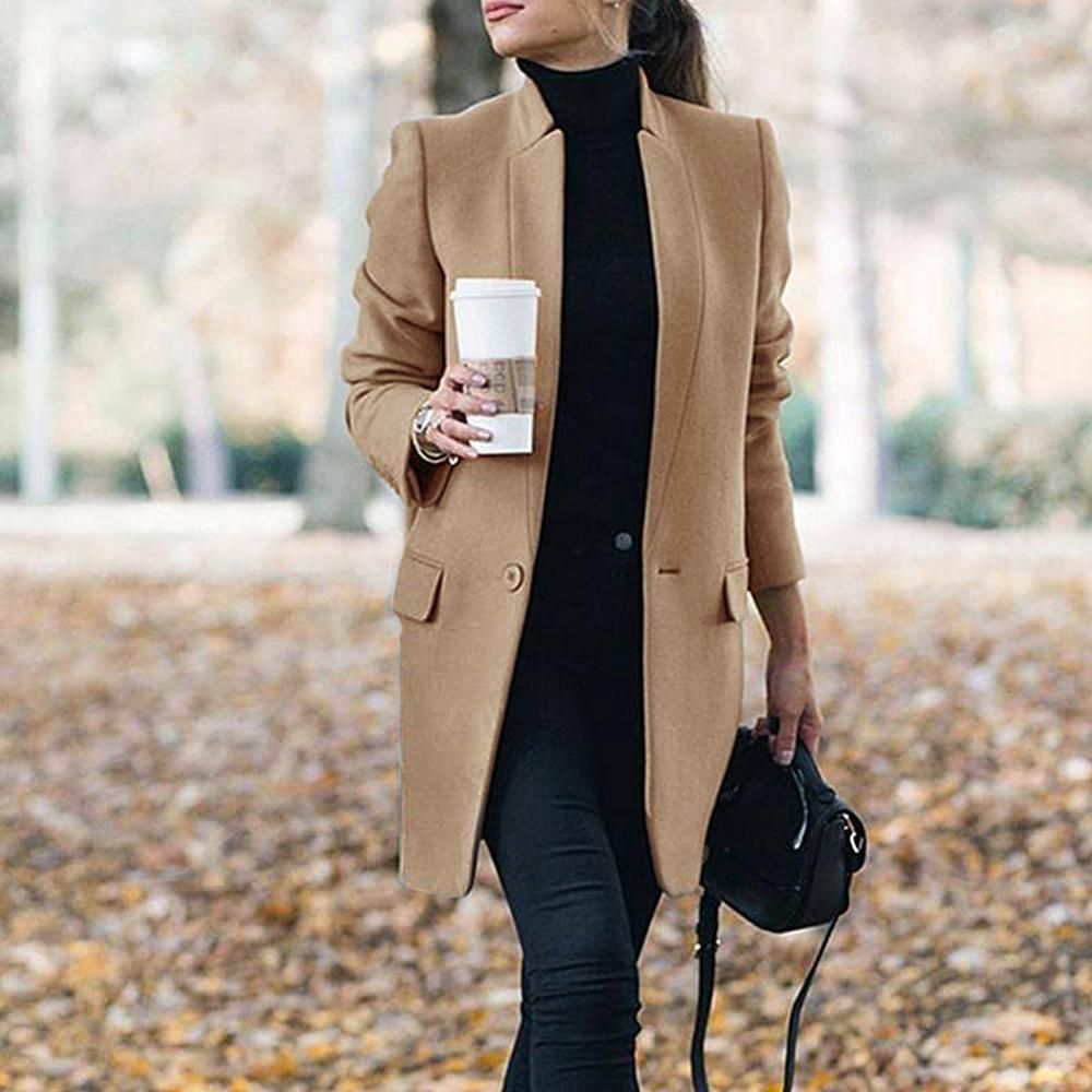 Women Trench Long Coat 2021 Winter Spring Lapel Long Sleeve Coats Office Ladies