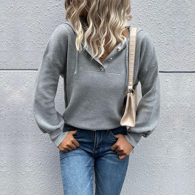 New fashion women's solid color long-sleeved hooded knitted sweater