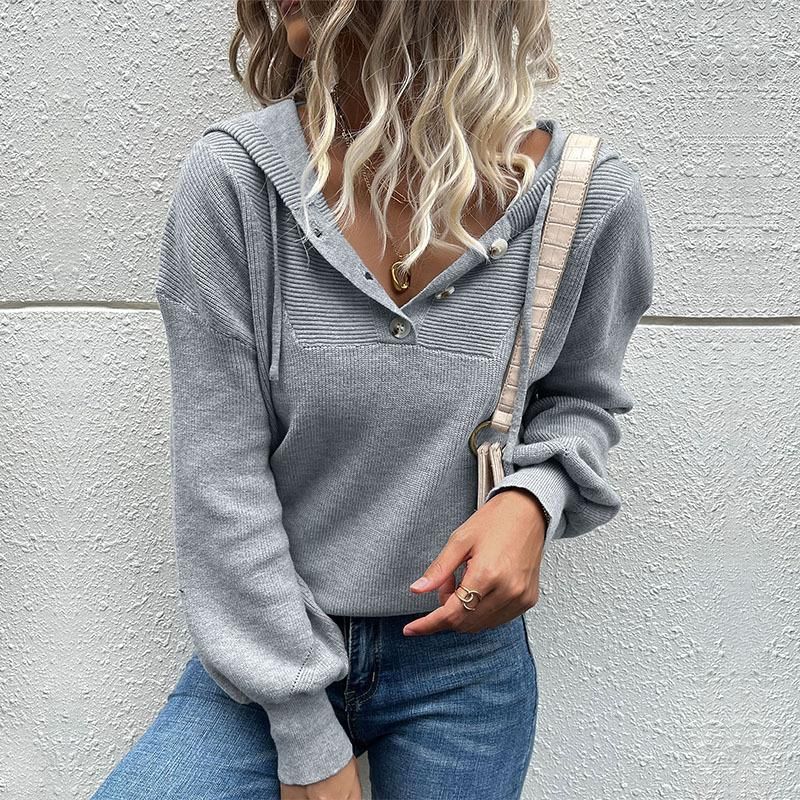 New fashion women's solid color long-sleeved hooded knitted sweater