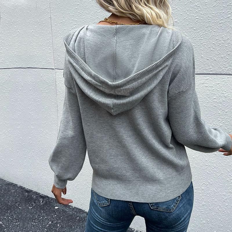New fashion women's solid color long-sleeved hooded knitted sweater