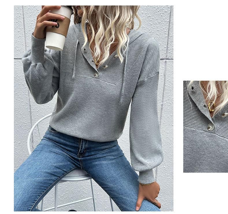 New fashion women's solid color long-sleeved hooded knitted sweater