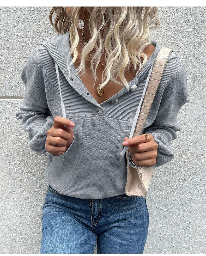 New fashion women's solid color long-sleeved hooded knitted sweater