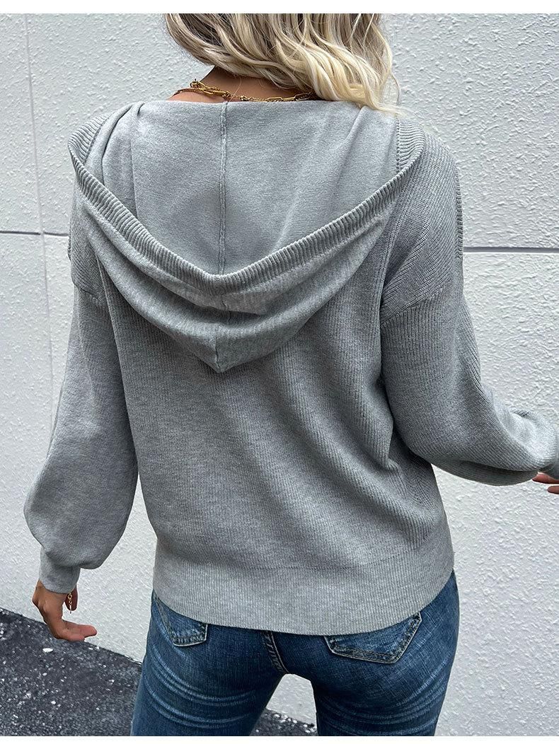 New fashion women's solid color long-sleeved hooded knitted sweater