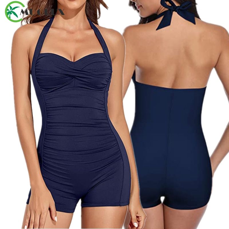Halter Women's One Piece Tummy Control Swimwear Push Up Boyleg Ruched Swimsuit Retro Sling Collar Tie Bathing Suit Navy Blue