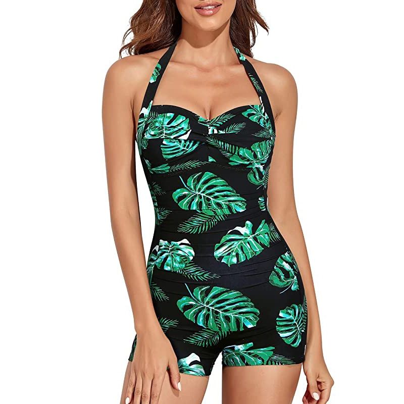 Halter Women's One Piece Tummy Control Swimwear Push Up Boyleg Ruched Swimsuit Retro Sling Collar Tie Bathing Suit Navy Blue
