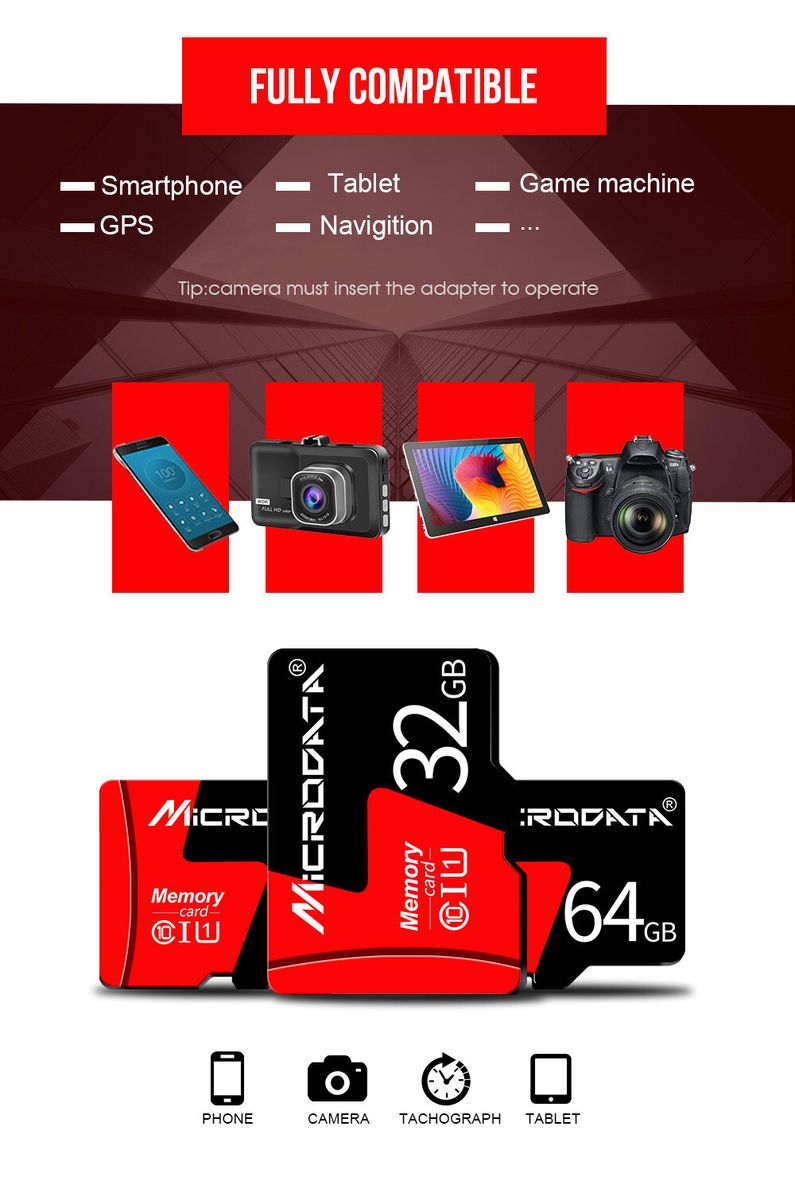 MicroData 8GB 16GB 32GB 64GB 128GB Class 10 High Speed 80Mb/s TF Memory Card With Card Adapter For Mobile Phone Tablet GPS Camera