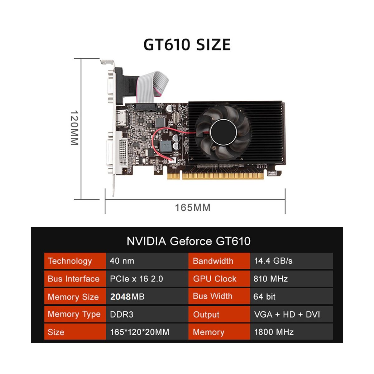 GT610 Graphics Card DDR3 True 2GB 810MHZ Computer Card for Desktop PC