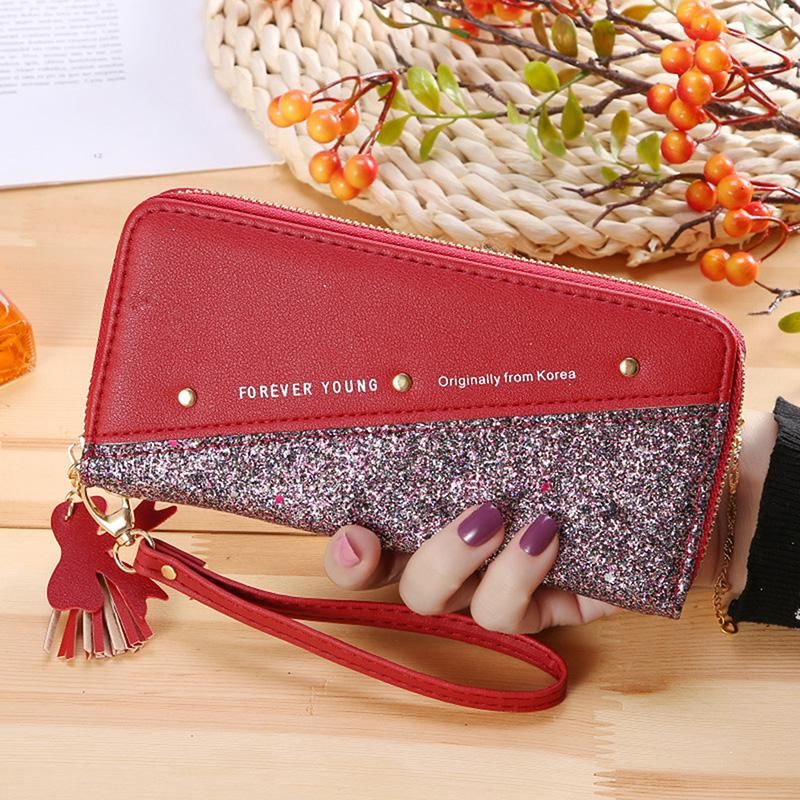 Women Wallet Clutch Bag Glitter Splicing PU Leather Zipper Card Cellphone Holder Mini Purse