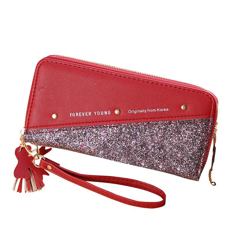 Women Wallet Clutch Bag Glitter Splicing PU Leather Zipper Card Cellphone Holder Mini Purse