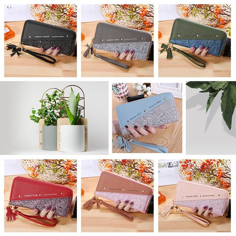 Women Wallet Clutch Bag Glitter Splicing PU Leather Zipper Card Cellphone Holder Mini Purse