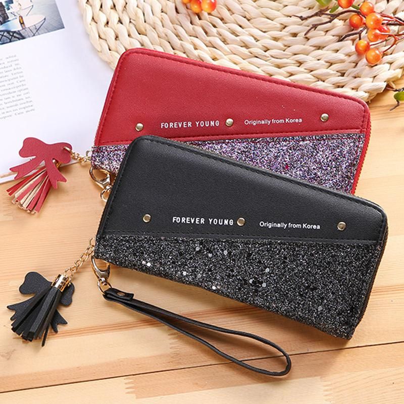 Women Wallet Clutch Bag Glitter Splicing PU Leather Zipper Card Cellphone Holder Mini Purse