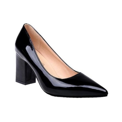 Block Heel Patent Leather Pointed Cover Shoe - Black