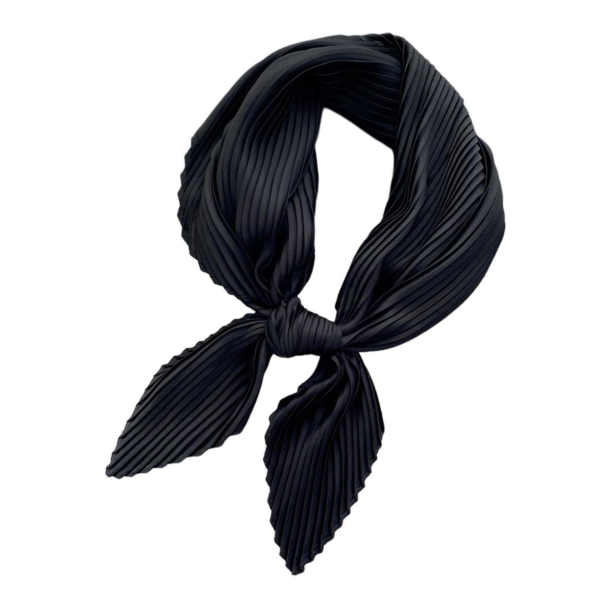 Women Square Scarf Plain Color Wavy Edge Pleated Neck-Black