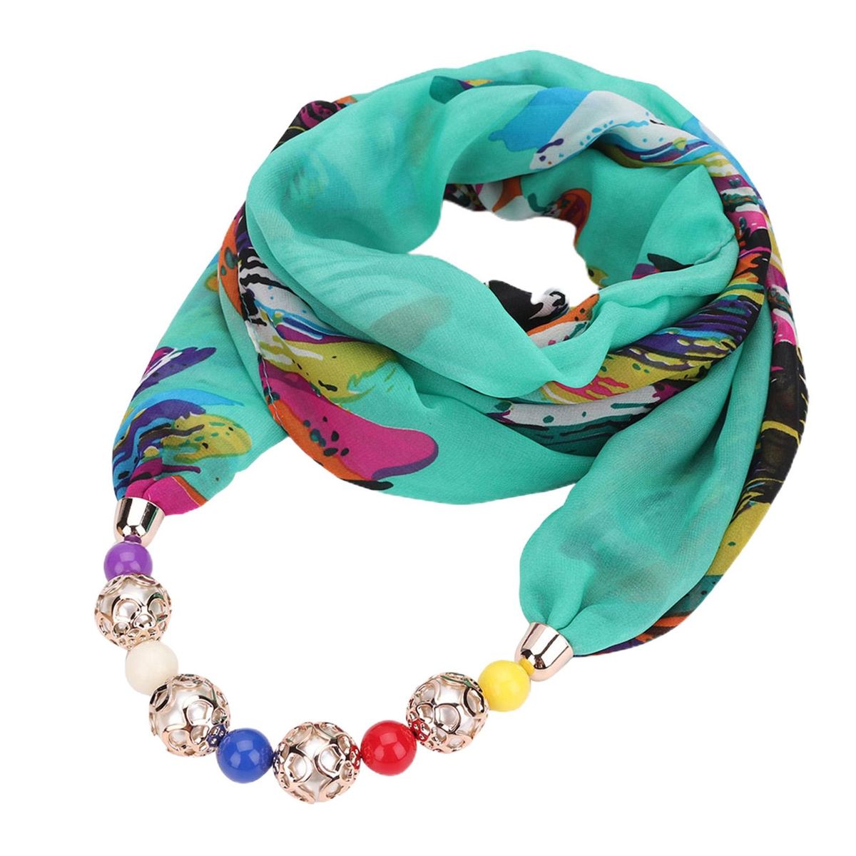Beads Pendant Floral Print Necklace Scarf Simple-Green