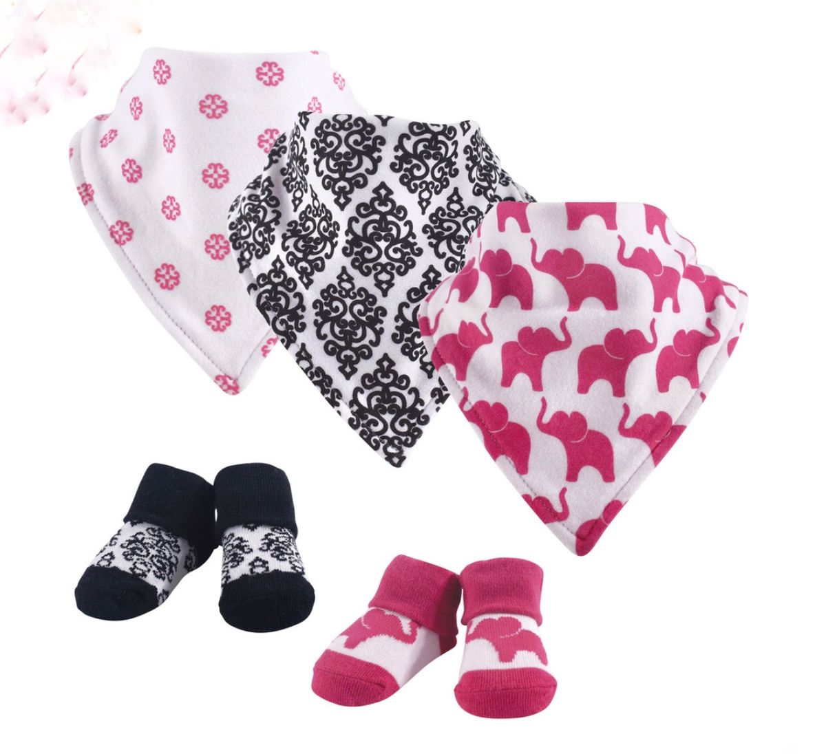 Yoga Sprout 5 Pc Socks And Bandana Bibs Set - Damask Elephant