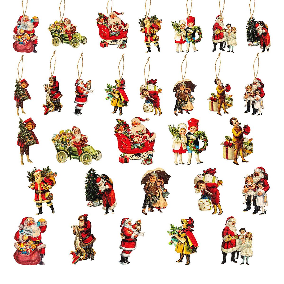 45PCS Christmas Tree Pendants With 10m Rope Santa Claus Wood