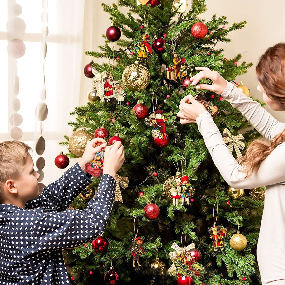 45PCS Christmas Tree Pendants With 10m Rope Santa Claus Wood