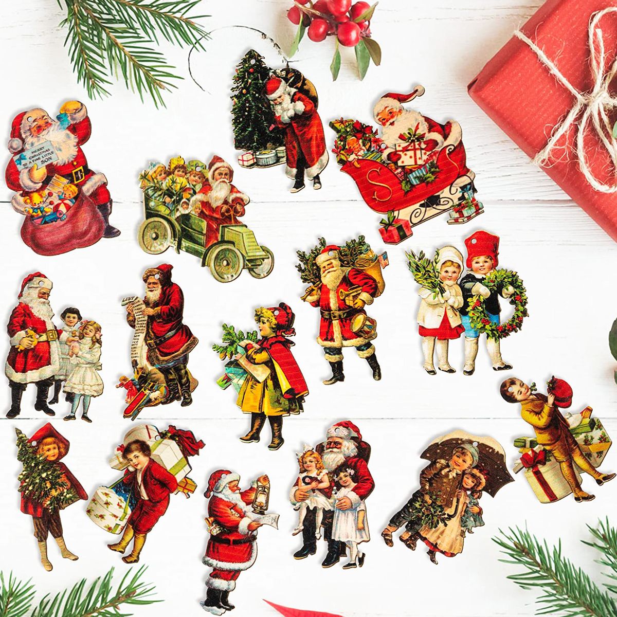 45PCS Christmas Tree Pendants With 10m Rope Santa Claus Wood