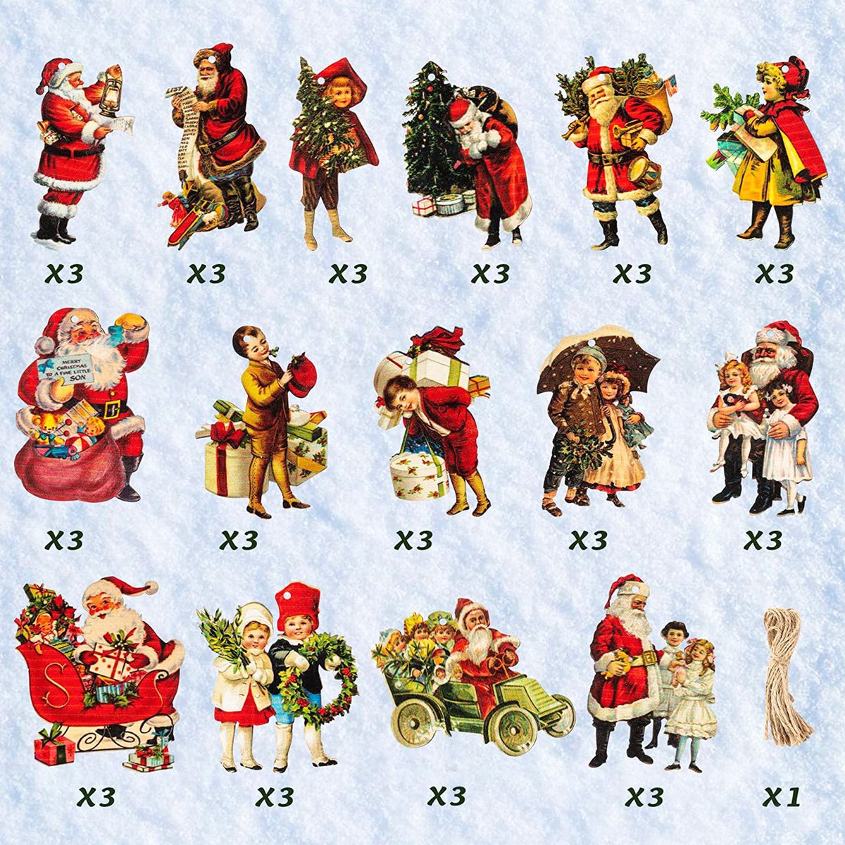 45PCS Christmas Tree Pendants With 10m Rope Santa Claus Wood