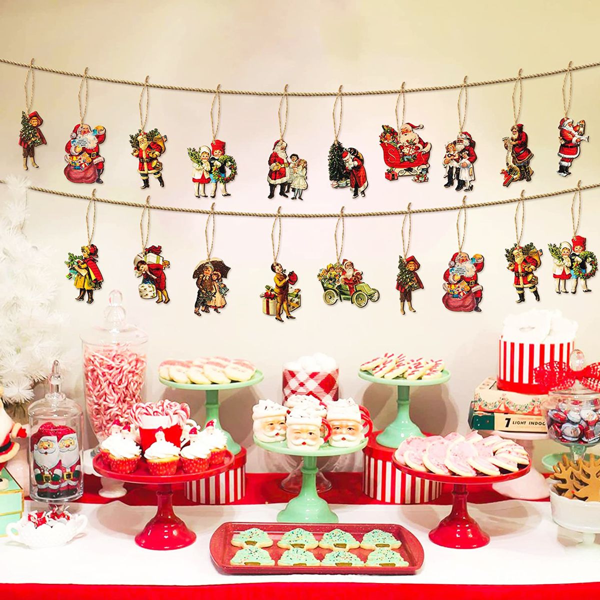 45PCS Christmas Tree Pendants With 10m Rope Santa Claus Wood