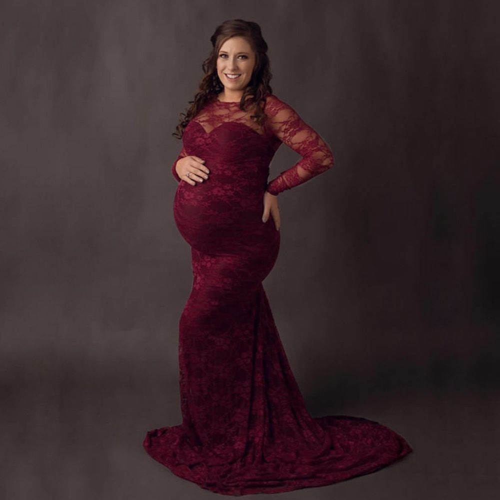 Elegant Maternity Gown  Lace Maxi Dress Pregnant Women
