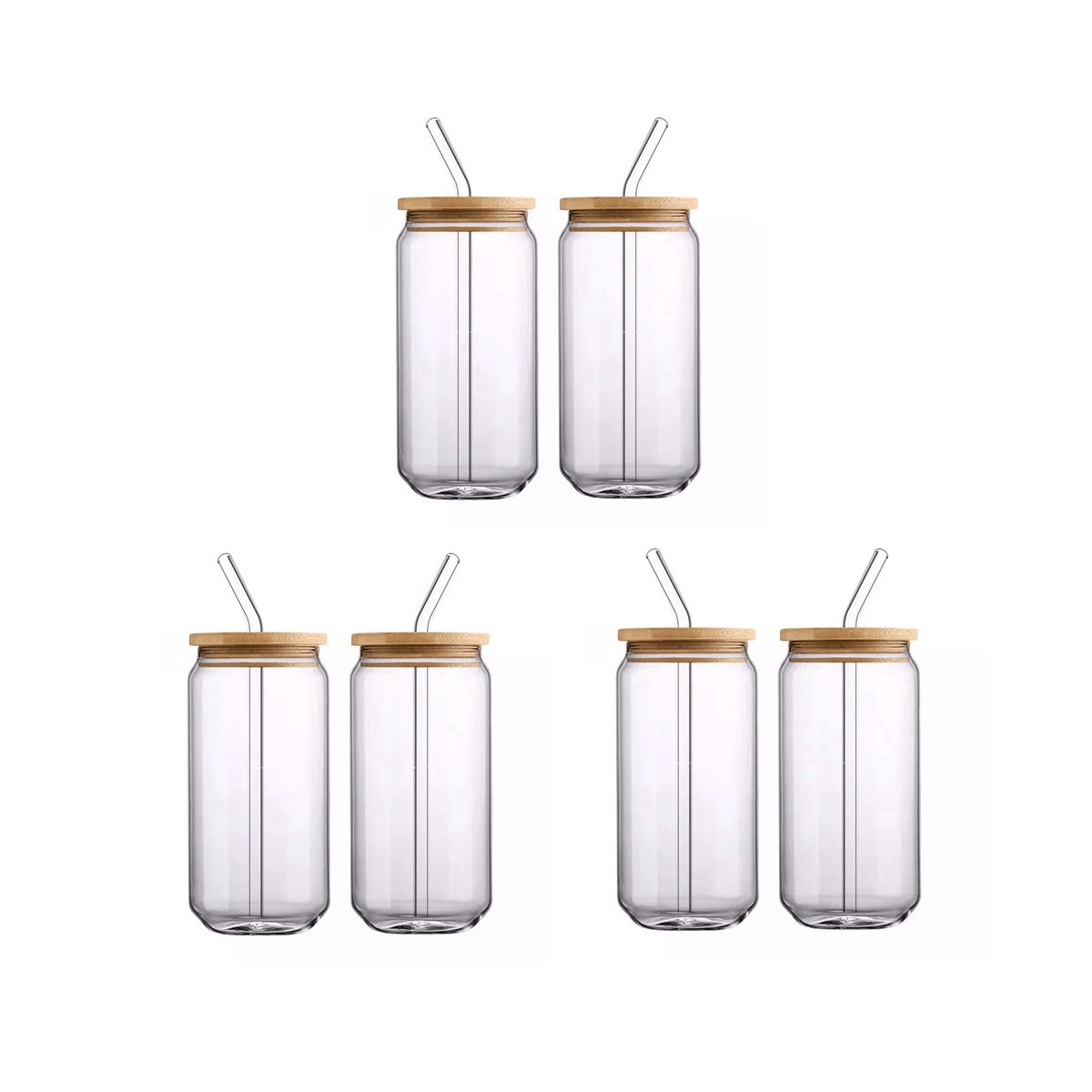 6Pcs Set  Glass Cups With Bamboo Lids and -  Can Shaped Drinking Glasses 16 Oz Iced Coffee Glasses