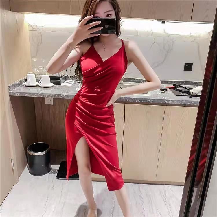 Small Dress Women's Simple Elegant Socialite Temperament Sexy V-neck Backless Slim Fit Slim and Tall Looking Split Sling Dress