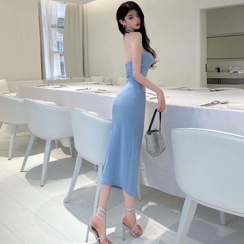 2023 Summer New Sexy off-Shoulder Halter Spaghetti Straps Dress Blue Split Dress Gown