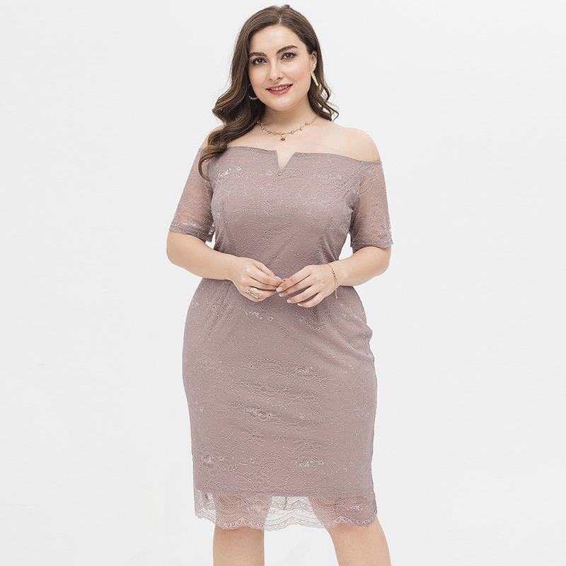 XL-4XL Women Off The Shoulder Short Sleeve  Plus Size Party Dress Pink 2590
