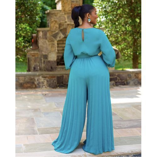 Women Loose Long Sleeve Wide Leg Jumpsuit Blue