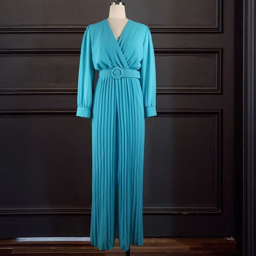 Women Loose Long Sleeve Wide Leg Jumpsuit Blue