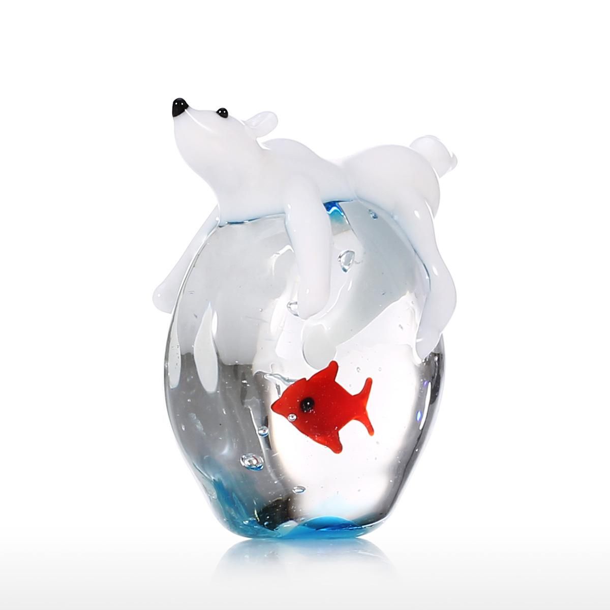 Polar Bear and Fish Handmade Animal Art Hand Blown Glass Art Wild Animal Figurine Home Decoration