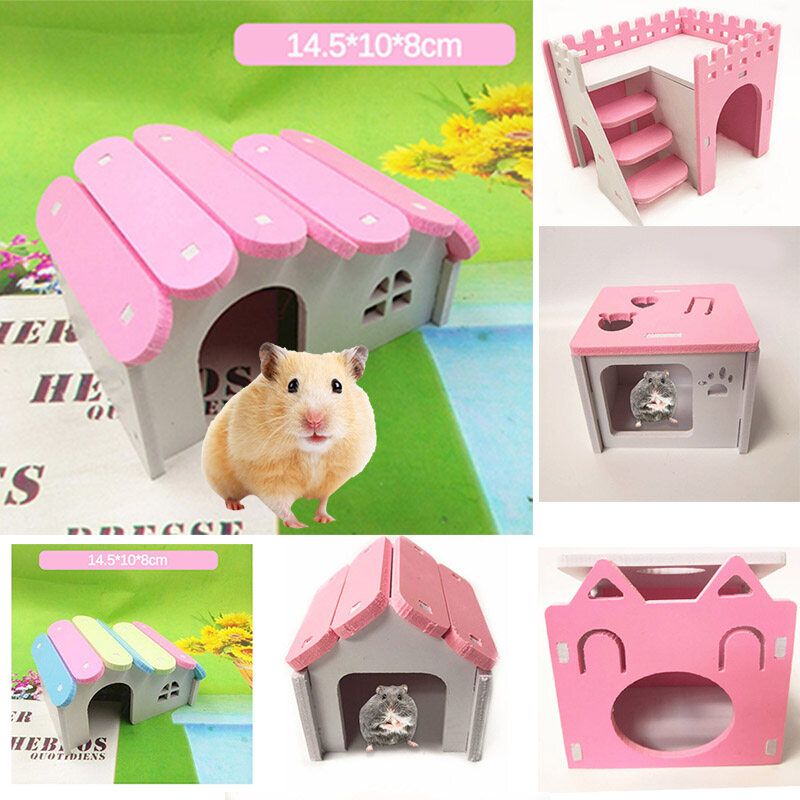 Hamster Guinea Pig House Bed Nest Multicolor Small Animal Castle Wood ToysF/ DIY Arch Bridge 14.5*10*8cm PINK