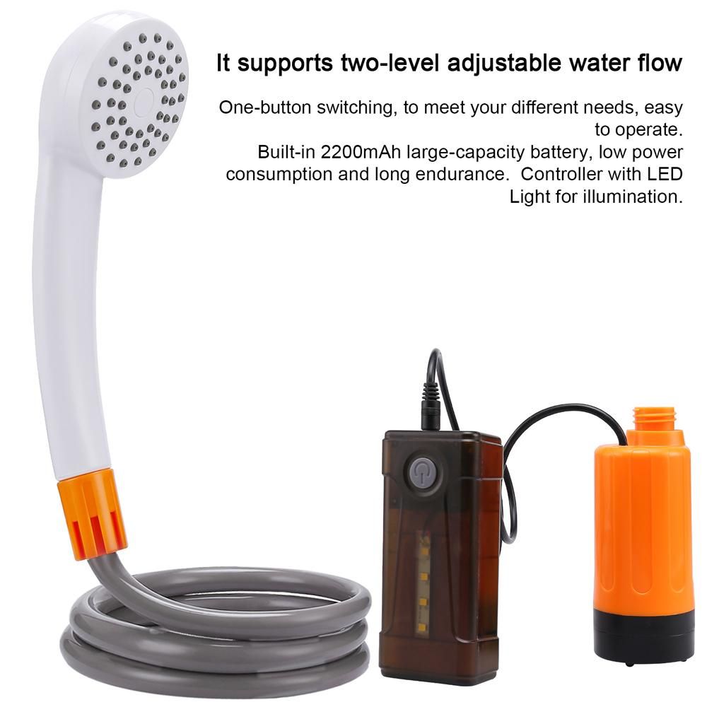 Outdoor Camping Shower Portable Electric Shower Pump IPX7 Waterproof with 2-Level Water Flow LED Light for Camping Hiking Backpacking Travel Beach Pet Watering