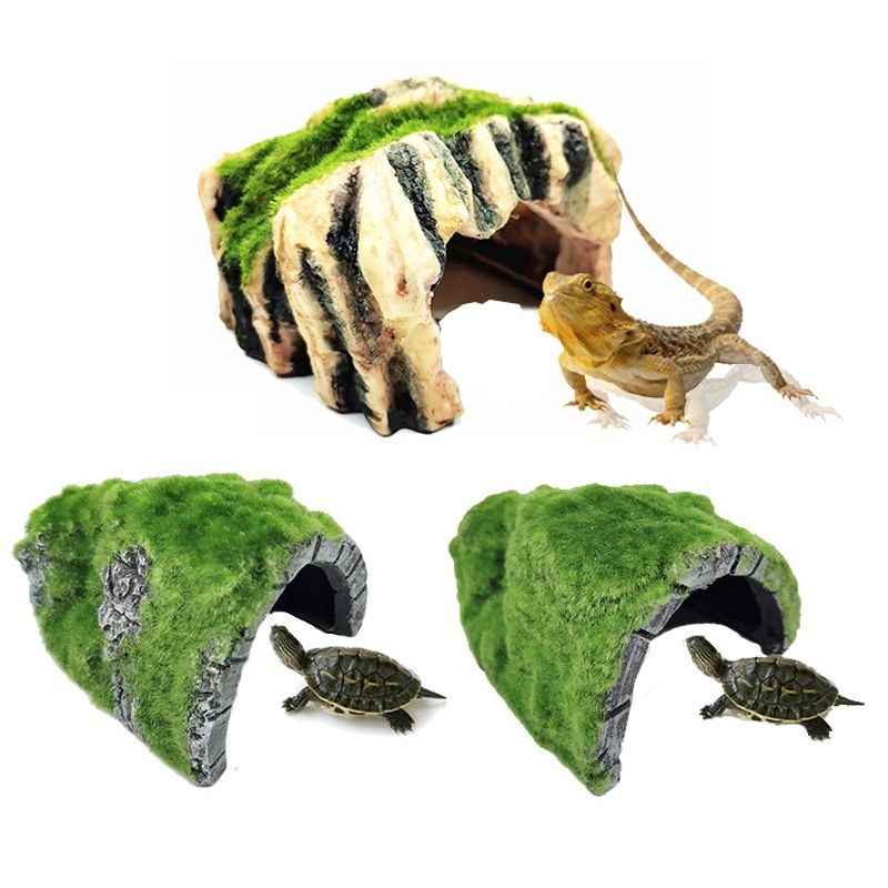 ZR7661 Flocked Caple Box Turtle Hiding Nest Moss Cave