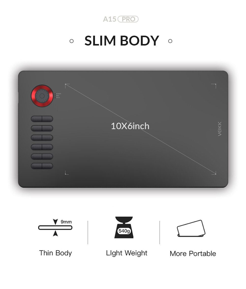 VEIKK A15 Pro Graphic Tablet Of 10 X 6 Inch Digital Drawing Tablet With 12 Keys And Scroll Wheel For PC Laptop Red
