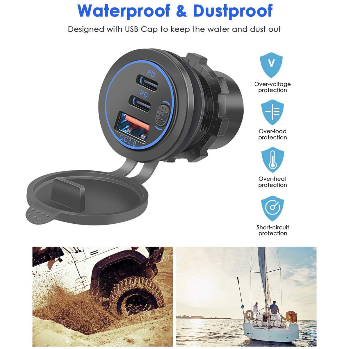 USB Car Charger Three Port Fast Car Adapter Blue