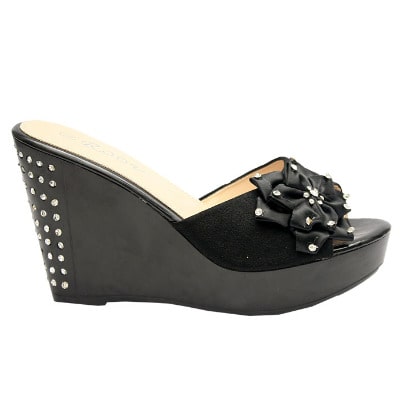 Delta Satin Wedge Slipper With Studded Detail - Black
