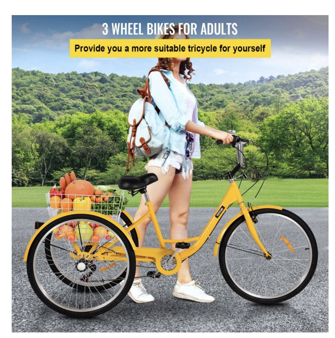 VEVOR Adult Tricycle 26 Inch,7-Speed 3 Wheel Cruise Bike, Adjustable Trike With Bell, Brake System Cruiser Bicycles Large Basket For Shopping