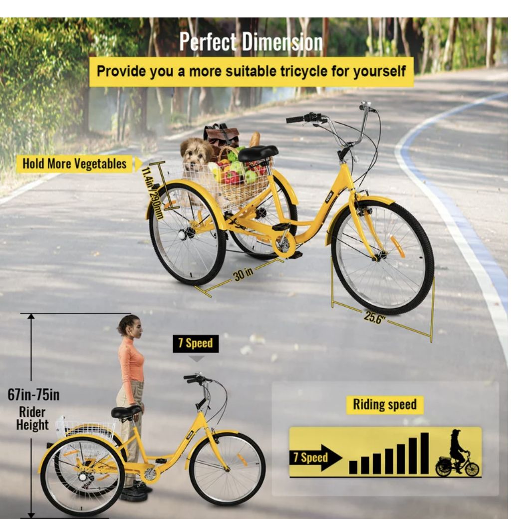 VEVOR Adult Tricycle 26 Inch,7-Speed 3 Wheel Cruise Bike, Adjustable Trike With Bell, Brake System Cruiser Bicycles Large Basket For Shopping