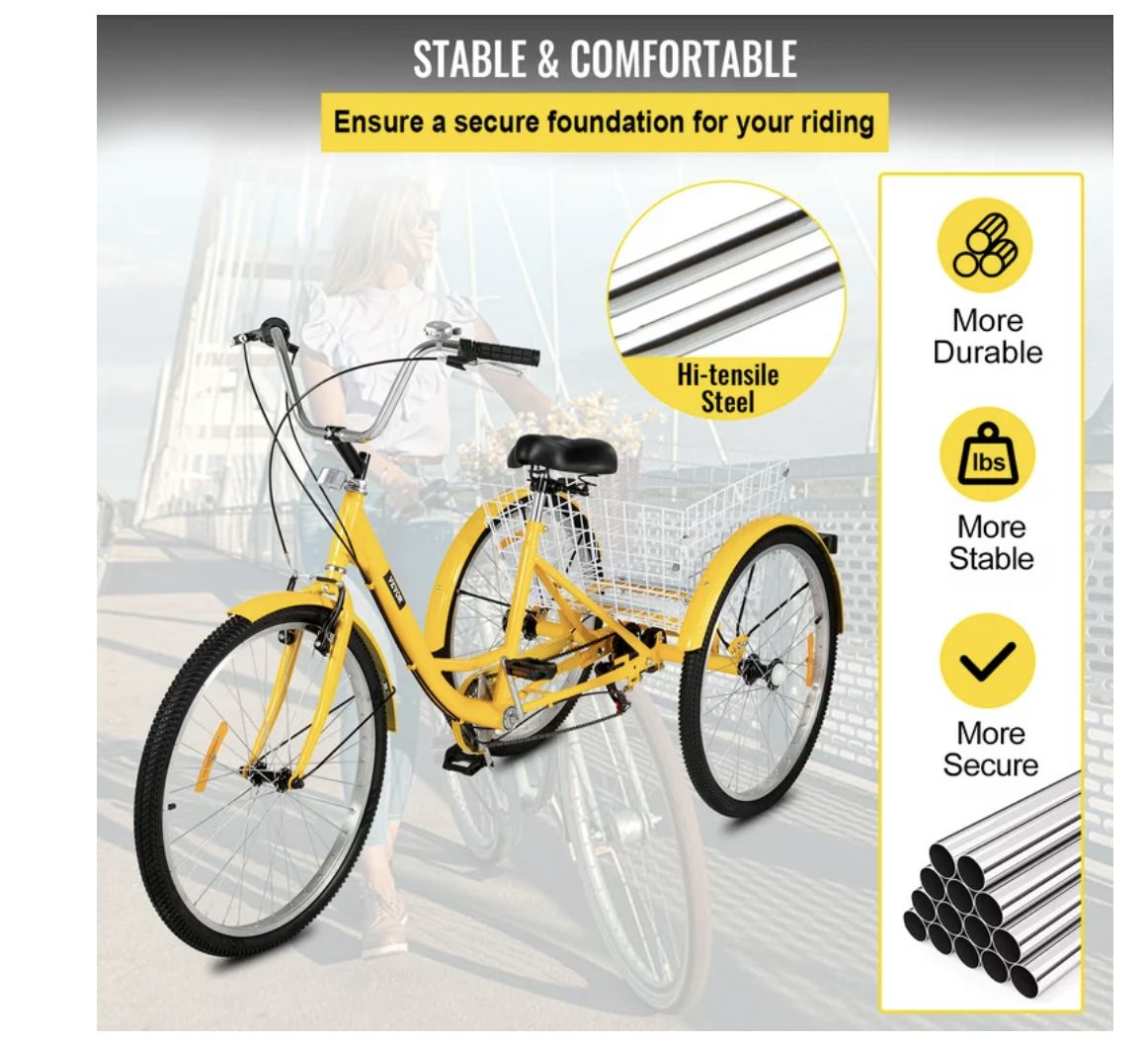 VEVOR Adult Tricycle 26 Inch,7-Speed 3 Wheel Cruise Bike, Adjustable Trike With Bell, Brake System Cruiser Bicycles Large Basket For Shopping
