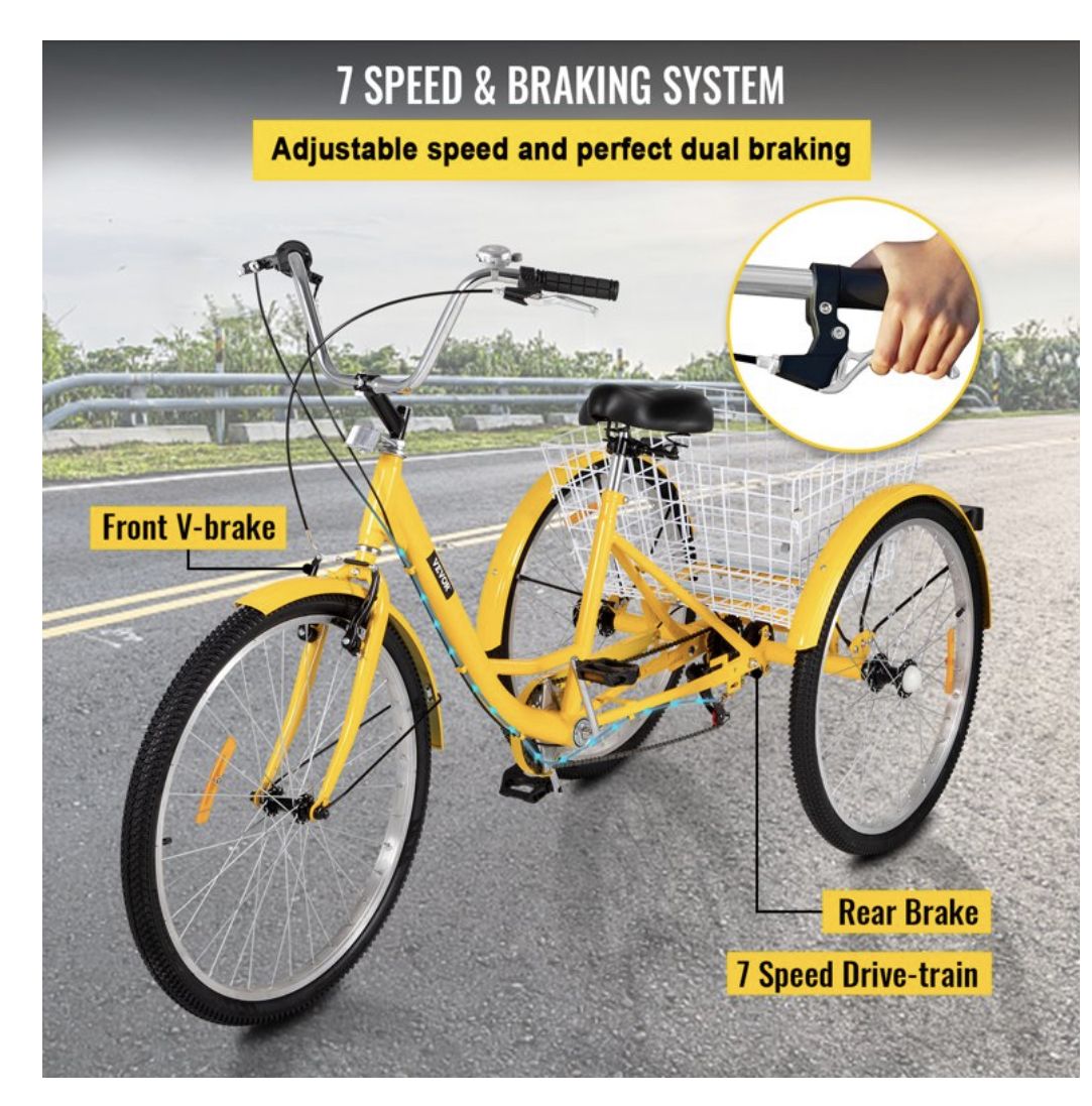 VEVOR Adult Tricycle 26 Inch,7-Speed 3 Wheel Cruise Bike, Adjustable Trike With Bell, Brake System Cruiser Bicycles Large Basket For Shopping