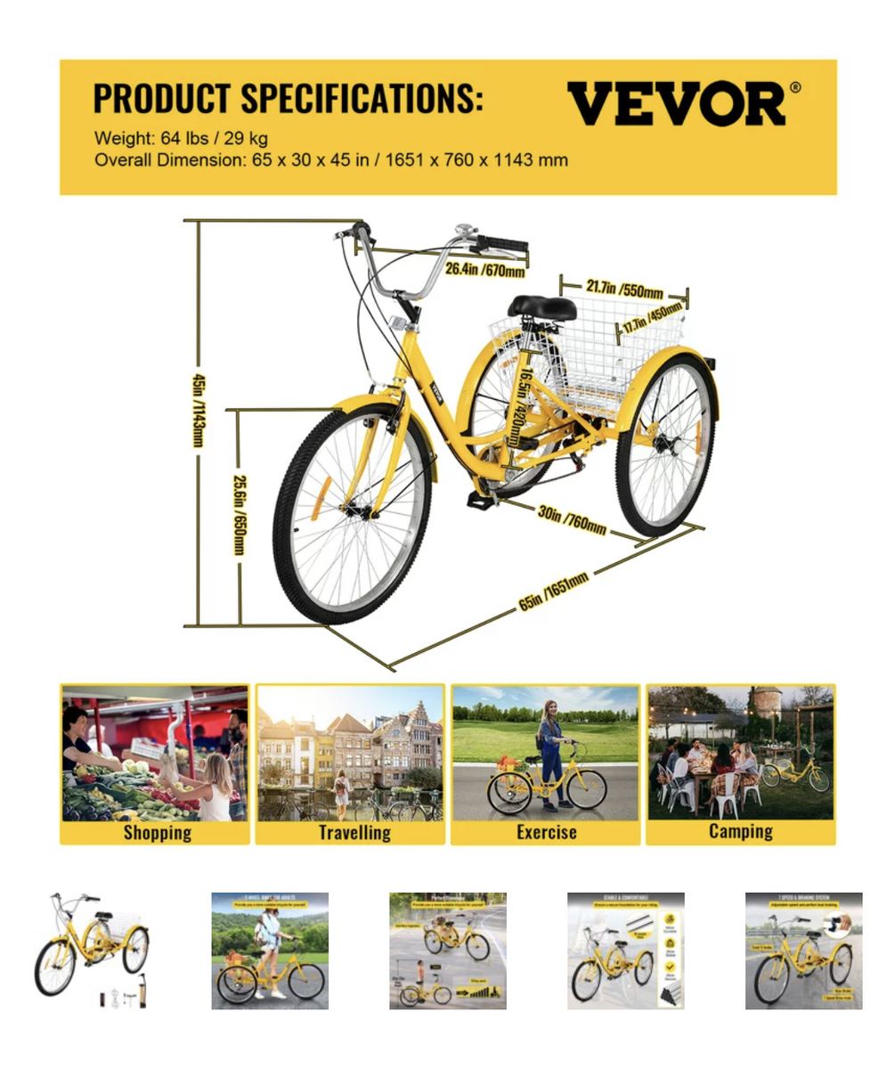 VEVOR Adult Tricycle 26 Inch,7-Speed 3 Wheel Cruise Bike, Adjustable Trike With Bell, Brake System Cruiser Bicycles Large Basket For Shopping