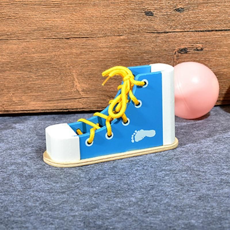 Tie Shoelaces Threading Kid Handicraft Educational Wooden Toy Wood for 3 4 6 10 Year Old Boy Girl -Blue